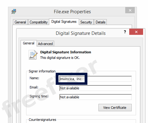 Screenshot of the Invincea, Inc. certificate